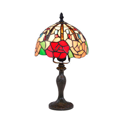 Vivid Blossom Desk Light with Rose/Butterfly/Bear/Santa Claus Pattern Tiffany Rustic Stained Glass Desk Lamp for Study Room Bronze Rose Clearhalo 'Lamps' 'Table Lamps' Lighting' 99348