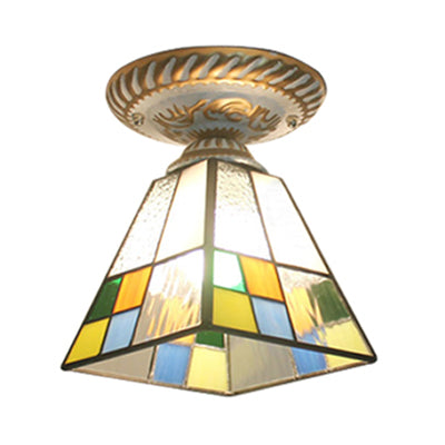 Multi-Colored Craftsman Ceiling Mount Light 1 Light Tiffany Ceiling Fixture for Hallway White-Gold Clearhalo 'Ceiling Lights' 'Close To Ceiling Lights' 'Close to ceiling' 'Glass shade' 'Glass' 'Semi-flushmount' 'Tiffany close to ceiling' 'Tiffany' Lighting' 99403