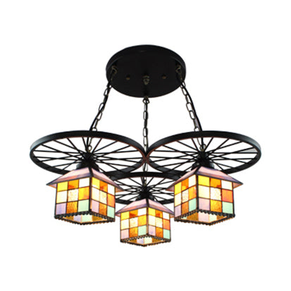 Tiffany Creative Suspension Light with Wheel House 3 Lights Stained Glass Chandelier for Hotel Clearhalo 'Ceiling Lights' 'Close To Ceiling Lights' 'Industrial' 'Middle Century Pendants' 'Pendant Lights' 'Pendants' 'Tiffany close to ceiling' 'Tiffany Pendants' 'Tiffany' Lighting' 99460