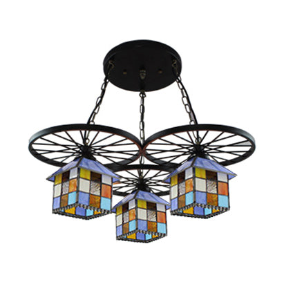Tiffany Creative Suspension Light with Wheel House 3 Lights Stained Glass Chandelier for Hotel Clearhalo 'Ceiling Lights' 'Close To Ceiling Lights' 'Industrial' 'Middle Century Pendants' 'Pendant Lights' 'Pendants' 'Tiffany close to ceiling' 'Tiffany Pendants' 'Tiffany' Lighting' 99461