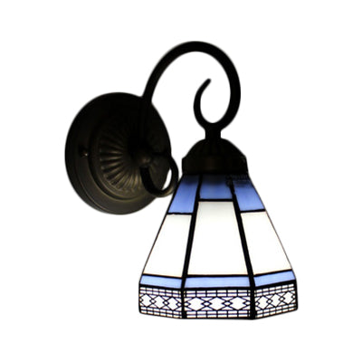 Pyramid Cafe Restaurant Wall Light Stained Glass 1 Head Tiffany Traditional Sconce Light in Blue Clearhalo 'Industrial' 'Middle century wall lights' 'Tiffany wall lights' 'Tiffany' 'Wall Lamps & Sconces' 'Wall Lights' Lighting' 99571
