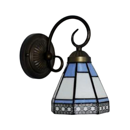 Pyramid Cafe Restaurant Wall Light Stained Glass 1 Head Tiffany Traditional Sconce Light in Blue Clearhalo 'Industrial' 'Middle century wall lights' 'Tiffany wall lights' 'Tiffany' 'Wall Lamps & Sconces' 'Wall Lights' Lighting' 99572