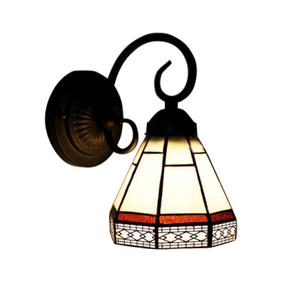 Glass Cone Sconce Light with Curved Arm 1 Bulb Tiffany Classic Wall Sconce in Beige for Dining Room Clearhalo 'Industrial' 'Middle century wall lights' 'Tiffany wall lights' 'Tiffany' 'Wall Lamps & Sconces' 'Wall Lights' Lighting' 99575