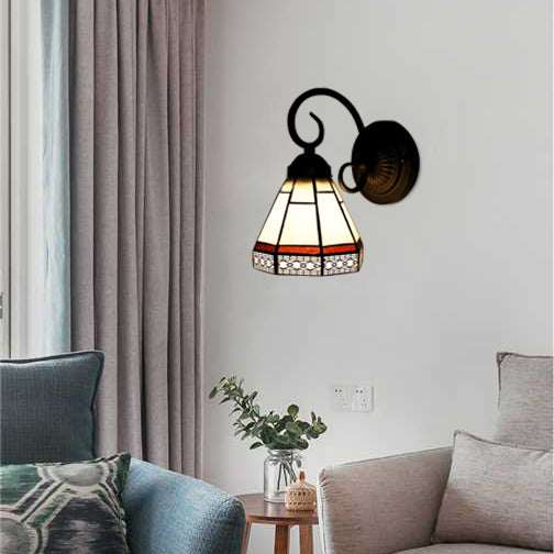Glass Cone Sconce Light with Curved Arm 1 Bulb Tiffany Classic Wall Sconce in Beige for Dining Room Beige Clearhalo 'Industrial' 'Middle century wall lights' 'Tiffany wall lights' 'Tiffany' 'Wall Lamps & Sconces' 'Wall Lights' Lighting' 99577