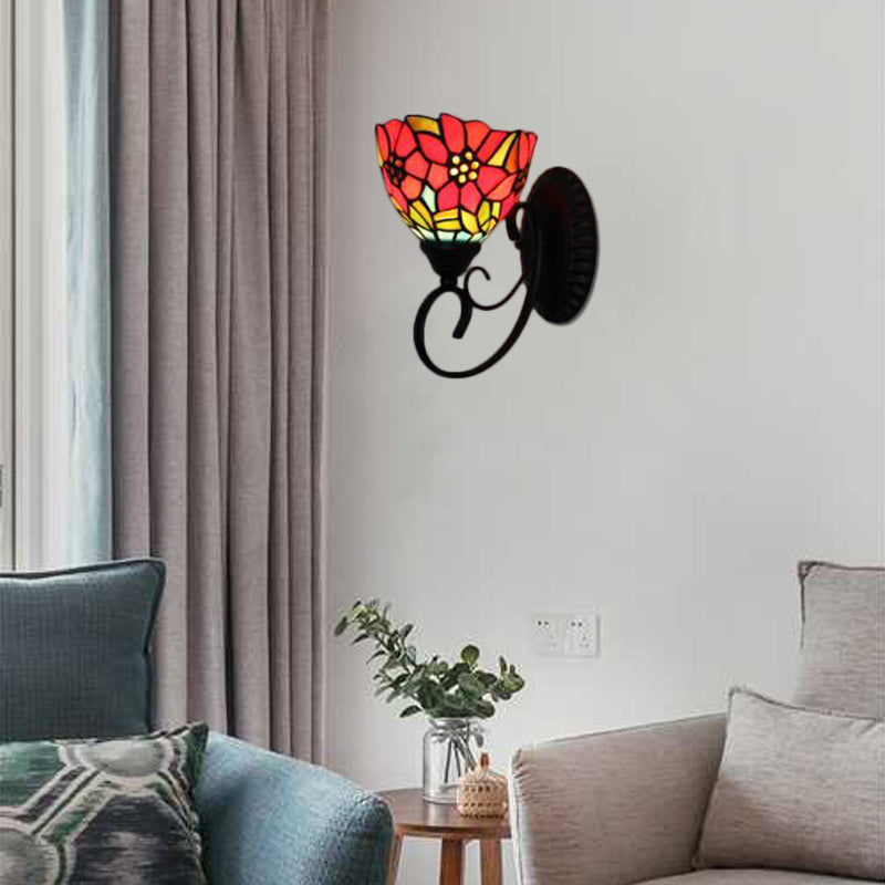 Orange Flower Wall Light Fixture Victorian 1 Head Multicolor Stained Glass Sconce Light Orange Clearhalo 'Industrial' 'Middle century wall lights' 'Tiffany wall lights' 'Tiffany' 'Wall Lamps & Sconces' 'Wall Lights' Lighting' 99597