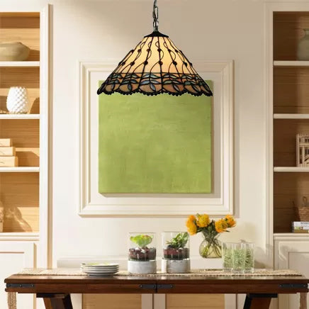 Kitchen Pendant Lights Stained Glass with Adjustable Chains Tiffany Cone Ceiling Fixture Black Leaf Clearhalo 'Ceiling Lights' 'Close To Ceiling Lights' 'Industrial' 'Middle Century Pendants' 'Pendant Lights' 'Pendants' 'Tiffany close to ceiling' 'Tiffany Pendants' 'Tiffany' Lighting' 9973
