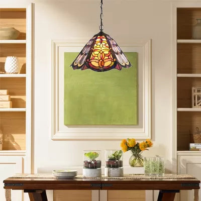 Tiffany Pendant Lights for Ceiling Adjustable Stained Glass Floral Hanging Lamp in Aged Brass for Dining Table Antique Brass 16" Clearhalo 'Ceiling Lights' 'Industrial' 'Middle Century Pendants' 'Pendant Lights' 'Pendants' 'Tiffany close to ceiling' 'Tiffany Pendants' 'Tiffany' Lighting' 9979