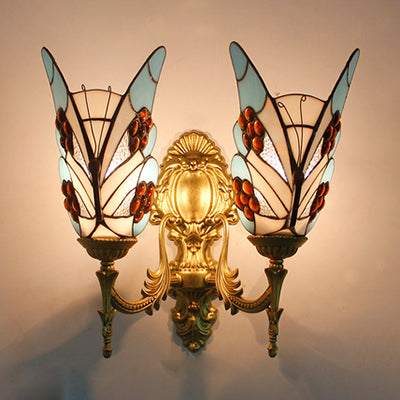 Rustic Lodge Butterfly Wall Lighting Stained Glass 2 Heads Wall Mount Light for Dining Room Brass Clearhalo 'Industrial' 'Middle century wall lights' 'Tiffany wall lights' 'Tiffany' 'Wall Lamps & Sconces' 'Wall Lights' Lighting' 99791