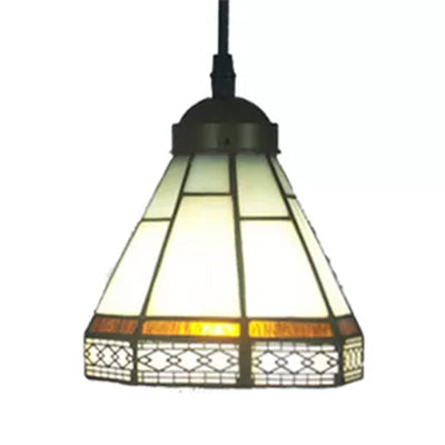 Stained Glass Conical Drop Lamp Tiffany-Style 1 Head Beige/Green/Blue Pendant Lighting Fixture for Living Room Clearhalo 'Ceiling Lights' 'Industrial' 'Middle Century Pendants' 'Pendant Lights' 'Pendants' 'Tiffany close to ceiling' 'Tiffany Pendants' 'Tiffany' Lighting' 9981
