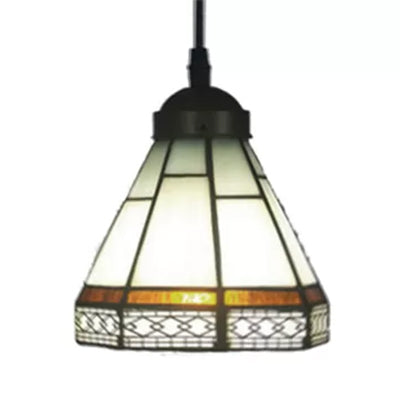 Stained Glass Conical Drop Lamp Tiffany-Style 1 Head Beige/Green/Blue Pendant Lighting Fixture for Living Room Clearhalo 'Ceiling Lights' 'Industrial' 'Middle Century Pendants' 'Pendant Lights' 'Pendants' 'Tiffany close to ceiling' 'Tiffany Pendants' 'Tiffany' Lighting' 9982