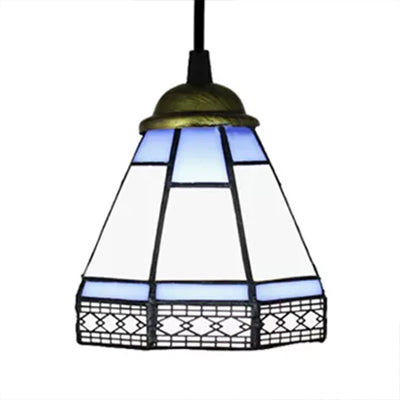 Stained Glass Conical Drop Lamp Tiffany-Style 1 Head Beige/Green/Blue Pendant Lighting Fixture for Living Room Clearhalo 'Ceiling Lights' 'Industrial' 'Middle Century Pendants' 'Pendant Lights' 'Pendants' 'Tiffany close to ceiling' 'Tiffany Pendants' 'Tiffany' Lighting' 9985
