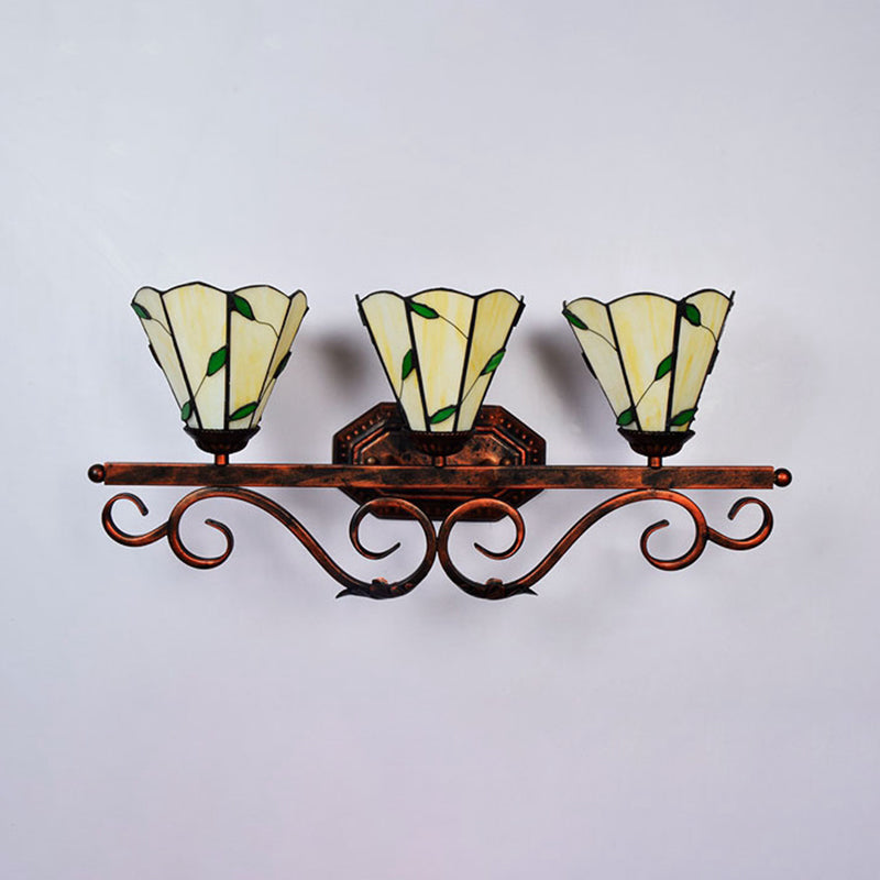 Tiffany Conical Wall Sconce with Leaf Pattern Stained Glass 3 Lights Wall Mount Light for Corridor Clearhalo 'Industrial' 'Middle century wall lights' 'Tiffany wall lights' 'Tiffany' 'Wall Lamps & Sconces' 'Wall Lights' Lighting' 99854