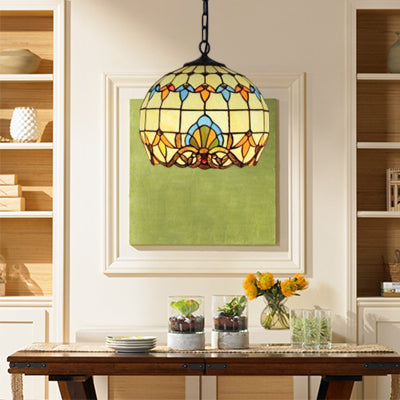 Victorian Style Globe Pendant Light Stained Glass 1 Light Hanging Ceiling Light with Chain Brown Clearhalo 'Ceiling Lights' 'Industrial' 'Middle Century Pendants' 'Pendant Lights' 'Pendants' 'Tiffany close to ceiling' 'Tiffany Pendants' 'Tiffany' Lighting' 99858