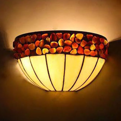 2 Lights Bowl Wall Mount Light Loft Retro Stained Glass Wall Sconce Lighting for Corridor Red-White Clearhalo 'Industrial' 'Middle century wall lights' 'Tiffany wall lights' 'Tiffany' 'Wall Lamps & Sconces' 'Wall Lights' Lighting' 99859
