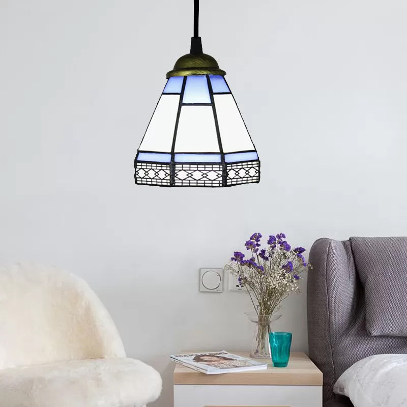 Stained Glass Conical Drop Lamp Tiffany-Style 1 Head Beige/Green/Blue Pendant Lighting Fixture for Living Room Blue Clearhalo 'Ceiling Lights' 'Industrial' 'Middle Century Pendants' 'Pendant Lights' 'Pendants' 'Tiffany close to ceiling' 'Tiffany Pendants' 'Tiffany' Lighting' 9987