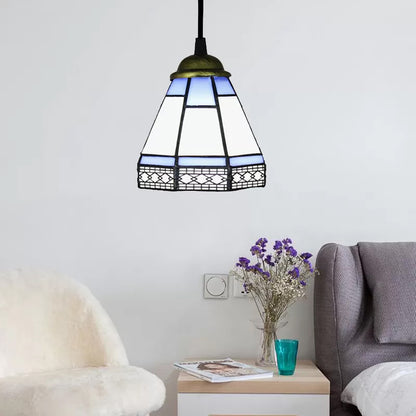 Stained Glass Conical Drop Lamp Tiffany-Style 1 Head Beige/Green/Blue Pendant Lighting Fixture for Living Room Blue Clearhalo 'Ceiling Lights' 'Industrial' 'Middle Century Pendants' 'Pendant Lights' 'Pendants' 'Tiffany close to ceiling' 'Tiffany Pendants' 'Tiffany' Lighting' 9987