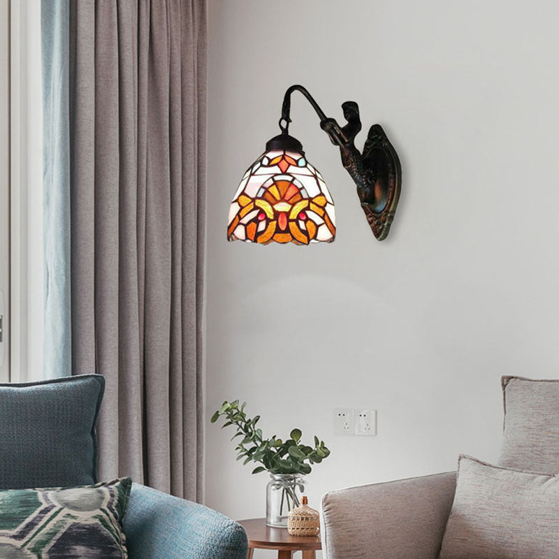1 Light Bell Wall Lighting Victorian Tiffany Stained Glass Sconce Lighting with Mermaid Antique Brass Clearhalo 'Industrial' 'Middle century wall lights' 'Tiffany wall lights' 'Tiffany' 'Wall Lamps & Sconces' 'Wall Lights' Lighting' 99877