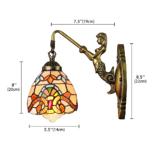 1 Light Bell Wall Lighting Victorian Tiffany Stained Glass Sconce Lighting with Mermaid Clearhalo 'Industrial' 'Middle century wall lights' 'Tiffany wall lights' 'Tiffany' 'Wall Lamps & Sconces' 'Wall Lights' Lighting' 99878