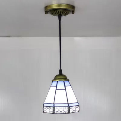 Stained Glass Conical Drop Lamp Tiffany-Style 1 Head Beige/Green/Blue Pendant Lighting Fixture for Living Room Clearhalo 'Ceiling Lights' 'Industrial' 'Middle Century Pendants' 'Pendant Lights' 'Pendants' 'Tiffany close to ceiling' 'Tiffany Pendants' 'Tiffany' Lighting' 9988