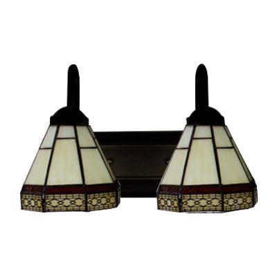Conical Beige Glass Sconce Lighting Tiffany 2 Heads Black Wall Mounted Light Fixture Clearhalo 'Industrial' 'Middle century wall lights' 'Tiffany wall lights' 'Tiffany' 'Wall Lamps & Sconces' 'Wall Lights' Lighting' 99891