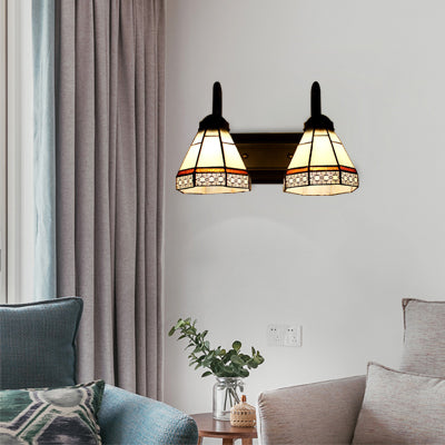 Conical Beige Glass Sconce Lighting Tiffany 2 Heads Black Wall Mounted Light Fixture Beige Clearhalo 'Industrial' 'Middle century wall lights' 'Tiffany wall lights' 'Tiffany' 'Wall Lamps & Sconces' 'Wall Lights' Lighting' 99892