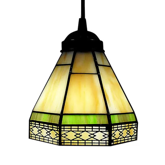 Stained Glass Conical Drop Lamp Tiffany-Style 1 Head Beige/Green/Blue Pendant Lighting Fixture for Living Room Clearhalo 'Ceiling Lights' 'Industrial' 'Middle Century Pendants' 'Pendant Lights' 'Pendants' 'Tiffany close to ceiling' 'Tiffany Pendants' 'Tiffany' Lighting' 9989