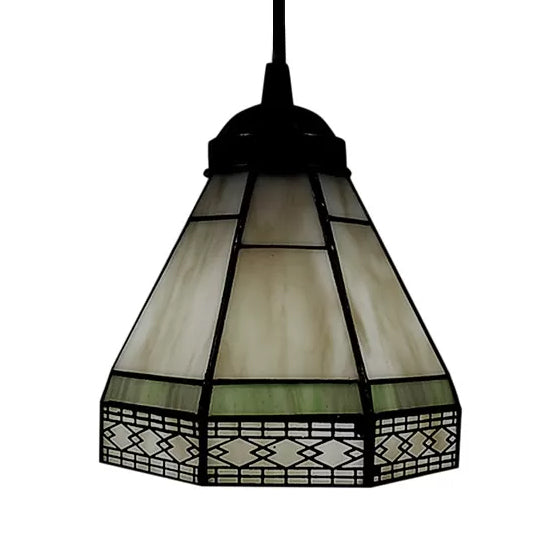 Stained Glass Conical Drop Lamp Tiffany-Style 1 Head Beige/Green/Blue Pendant Lighting Fixture for Living Room Clearhalo 'Ceiling Lights' 'Industrial' 'Middle Century Pendants' 'Pendant Lights' 'Pendants' 'Tiffany close to ceiling' 'Tiffany Pendants' 'Tiffany' Lighting' 9990