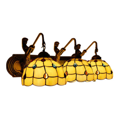 Grid Patterned Sconce Light Tiffany Yellow Glass 1 Head Antique Bronze Wall Light Fixture Clearhalo 'Industrial' 'Middle century wall lights' 'Tiffany wall lights' 'Tiffany' 'Wall Lamps & Sconces' 'Wall Lights' Lighting' 99909