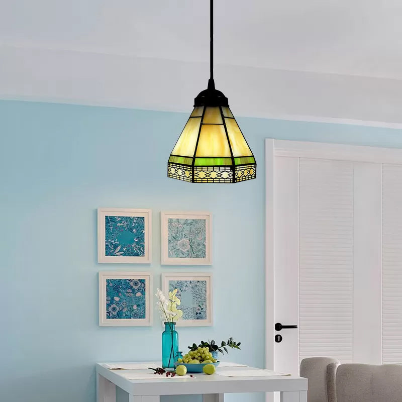 Stained Glass Conical Drop Lamp Tiffany-Style 1 Head Beige/Green/Blue Pendant Lighting Fixture for Living Room Green Clearhalo 'Ceiling Lights' 'Industrial' 'Middle Century Pendants' 'Pendant Lights' 'Pendants' 'Tiffany close to ceiling' 'Tiffany Pendants' 'Tiffany' Lighting' 9991