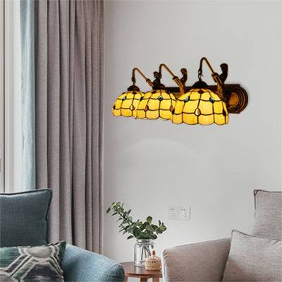 Grid Patterned Sconce Light Tiffany Yellow Glass 1 Head Antique Bronze Wall Light Fixture Yellow Clearhalo 'Industrial' 'Middle century wall lights' 'Tiffany wall lights' 'Tiffany' 'Wall Lamps & Sconces' 'Wall Lights' Lighting' 99911