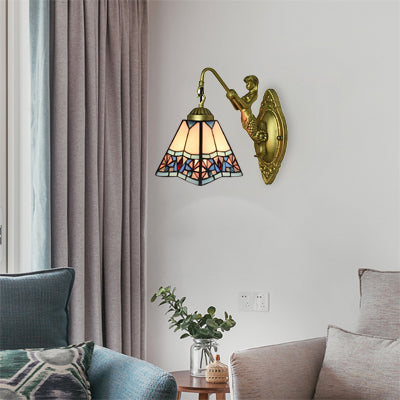 Beige Glass Trapezoid Sconce Light Fixture Tiffany 1 Head Wall Mounted Light for Living Room Beige Clearhalo 'Industrial' 'Middle century wall lights' 'Tiffany wall lights' 'Tiffany' 'Wall Lamps & Sconces' 'Wall Lights' Lighting' 99947