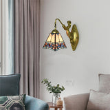 Beige Glass Trapezoid Sconce Light Fixture Tiffany 1 Head Wall Mounted Light for Living Room Beige Clearhalo 'Industrial' 'Middle century wall lights' 'Tiffany wall lights' 'Tiffany' 'Wall Lamps & Sconces' 'Wall Lights' Lighting' 99947