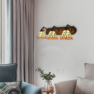Stained Glass Floral Wall Lamp Lodge Style 3 Lights Indoor Wall Mount Light for Living Room Pink Clearhalo 'Industrial' 'Middle century wall lights' 'Tiffany wall lights' 'Tiffany' 'Wall Lamps & Sconces' 'Wall Lights' Lighting' 99998