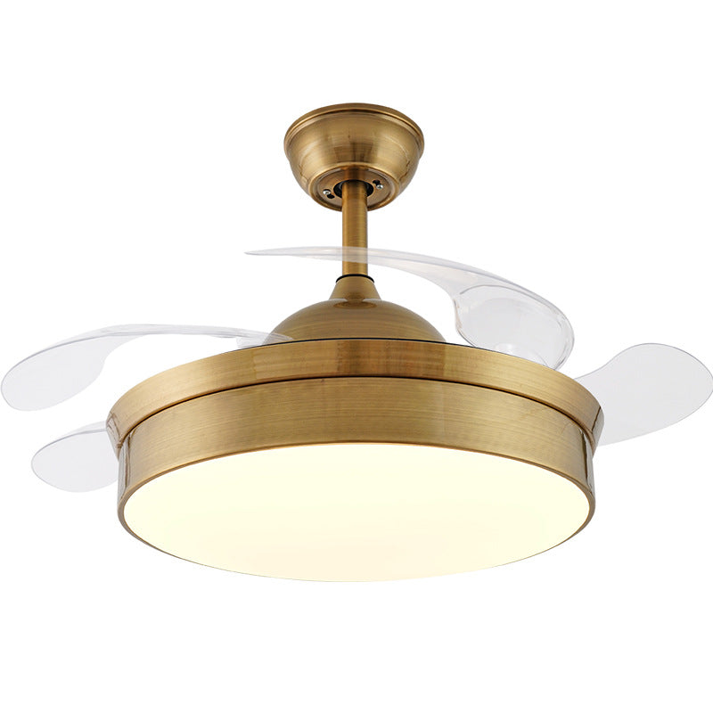 Modernism Drum Pendant Fan Lamp 48" W LED Metallic Semi Flush Ceiling Light in Brass, 4 Blades Clearhalo 'Ceiling Fans with Lights' 'Ceiling Fans' 'Modern Ceiling Fans' 'Modern' Lighting' O1CN013bdWXM1wxLG09Zptg__2201288596374-0-cib