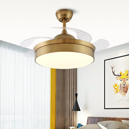 Modernism Drum Pendant Fan Lamp 48" W LED Metallic Semi Flush Ceiling Light in Brass, 4 Blades Clearhalo 'Ceiling Fans with Lights' 'Ceiling Fans' 'Modern Ceiling Fans' 'Modern' Lighting' O1CN015YFbhG1wxLFvpDIES__2201288596374-0-cib